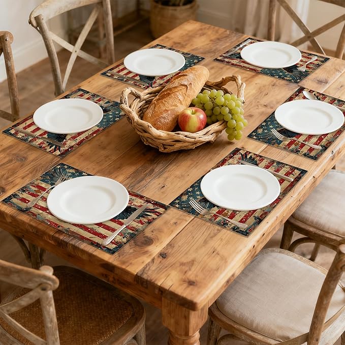 Retro American Flag Eagle Table Placemats Set of 6, Linen Placemats 12x18 Inch, Washable Non Slip Heat Resistant Mats for Dining Table Kitchen Indoor Use