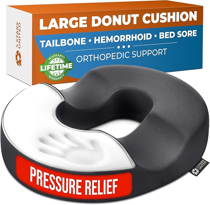 5 STARS UNITED Donut Pillow Hemorrhoid Tailbone Cushion – Large Floor Cushion for Pain Relief – Coccyx, Prostate, Sciatica, Pelvic Floor, Pressure Sores, Pregnancy, Postpartum Recovery, Dark Gray