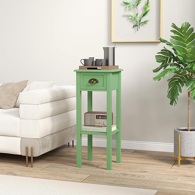 HOMCOM Narrow End Table with Drawer and Bottom Shelf, Slim Side Table for Small Spaces, Skinny Modern Accent Desk for Living Room, Set of 1, Green