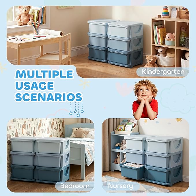 Qaba 3 Tier Kids Storage Unit, Toy Organizers and Storage with 6 Drawer Chest for Kids Bedroom Nursery Kindergarten Living Room for Boys Girls Toddlers, Blue