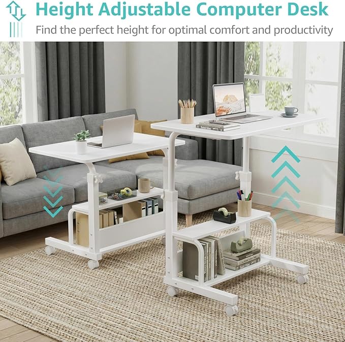 WINAZ Small Portable Laptop Rolling Desk - 32" Mobile Kids Desk with Wheels for Small Spaces, White，31.5"
