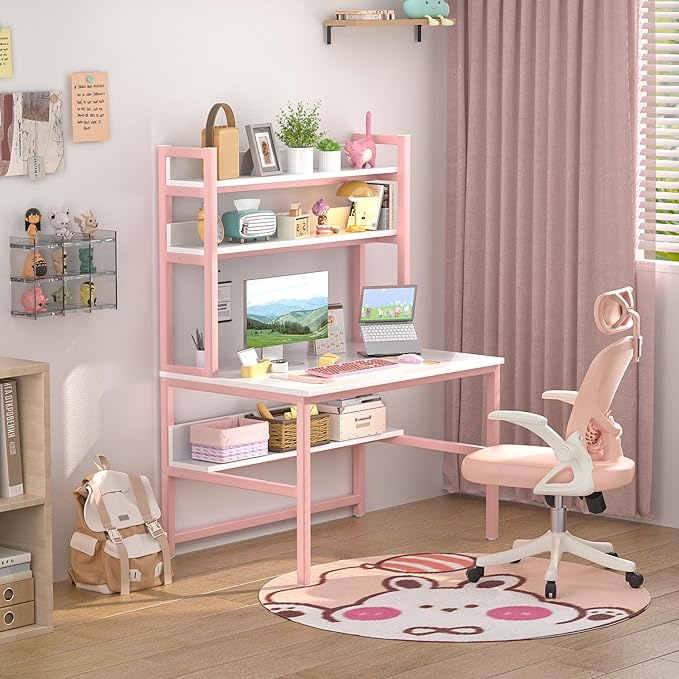Aquzee Pink Girls Desk Hutch, 47in Woman Computer Desk with Bookshelf & Storage Shelves, Space Saving Girls Writing Study Craft Table for Bedroom Kids Room, White Wood & Pink Iron Home Office Desks