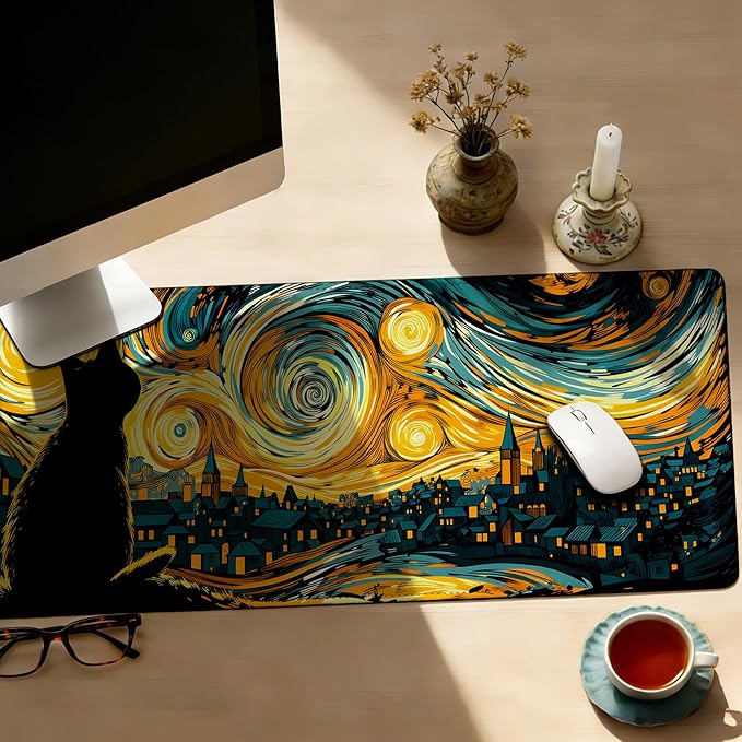 Large Gaming Mouse Pad Yellow Starry Night Cat Desk Mat,Non-Slip Rubber Base Stitched Edges,Extended Mousepad for PC,Laptop,Office,Home Decor(31.5 x 11.8 Inch)