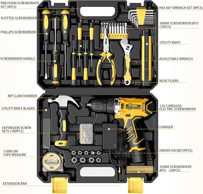 Sundpey Home Tool Kit with Drill - 166-Piece General Basic Home Repair Tool Set with 12V Cordless Power Drill & Battery & Charger & Portable Tool Box for Garden Office House Apartment Repair Men Women