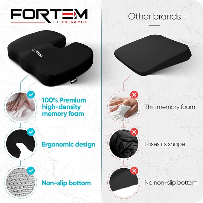 FORTEM Seat Cushion, Office Chair Cushion, Memory Foam Car Seat Cushions, Sciatica Coccyx Tailbone Pain Relief, Chair Cushions for Back Support, Sitting Pad for Gaming, Washable Cover, Non Slip, XL