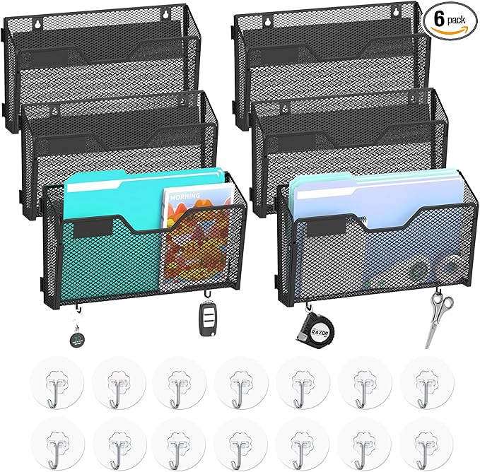 SUPEASY Wall File Organizer 6 Pack, Magnetic Mesh Wall File Holder with Hooks and Label Panel, Wall Mounted Mail Organizer for Office, Home, Classroom, Letter Size and A4 Files