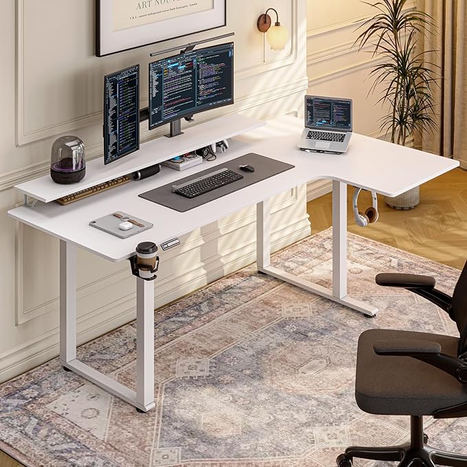 L Shaped Electric Standing Desk, 71x43'' Computer Desks with 2 Monitor Shelves, Dual Motor and Memory Controller, Gaming Corner Desk Adjustable Height from 28-46'' for Home Office Workstation, White