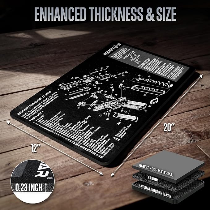 Gun Cleaning Mat 20"×12" - Thick Protection, Leak-Proof Surface, Non-Slip Oil Resistant Glock Cleaning Mat,Pistol Cleaning Mat with Detailed Parts Diagram