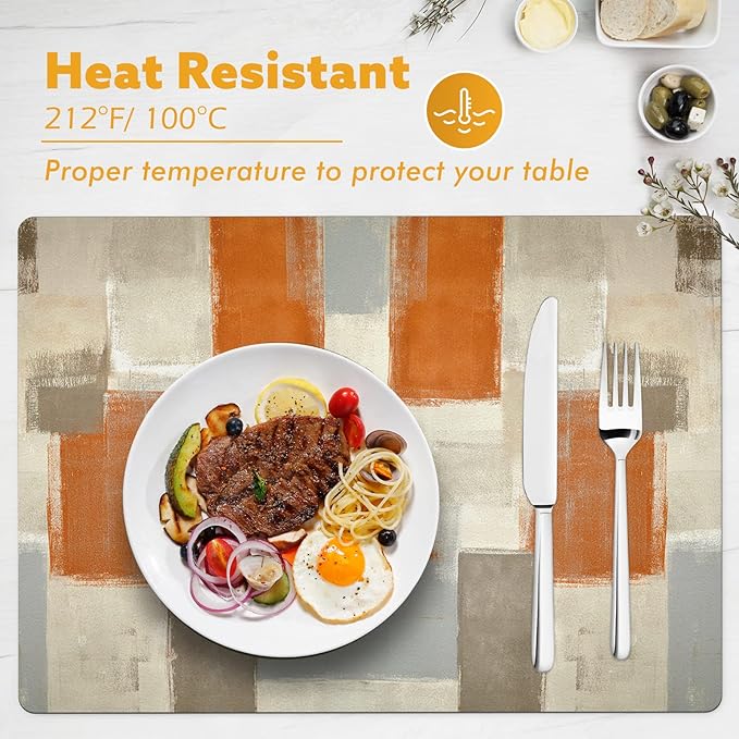Modern Art Print Placemats Set of 4 - Orange and Grey Abstract Faux Leather Table Place mats Heat Resistant Waterproof Wipeable Non-Slip Washable Place Mat for Kitchen Dining Table Decor, 17" x 12"