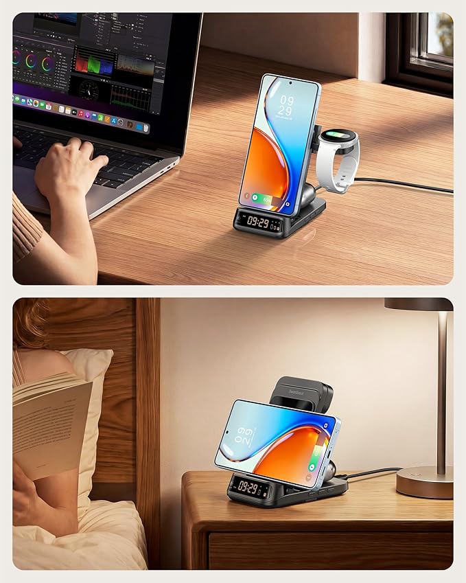 SwanScout 3-in-1 Wireless Charging Station for Samsung S26 Ultra/S26/S25/S24/S23/Z Flip7, Foldable Wireless Charger for Galaxy Watch 8 Classic/8/Ultra/7/FE/6/5, SwanScout 708S (No Adapter)