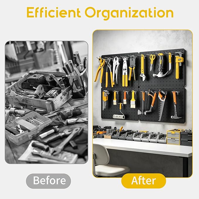 Peg Board for Tools, 4 Pack Metal Pegboard Wall Organizer with Hooks, 14.76"×10.82" Black Pegboard Panels for Walls Home, Garage Tool Storage, Kitchen, Office Organization, Craft Room