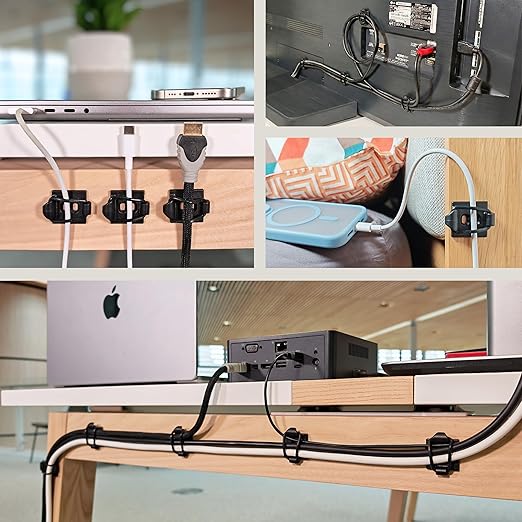 [Made in the UK] 10-Pack Adjustable Elastic Self-Adhesive Cable Tidy Clips, Cable Management Organiser for Office, Home, Under Desk, Behind TV, Charging Phone, Laptop, PC, HDMI, USB (BLACK)