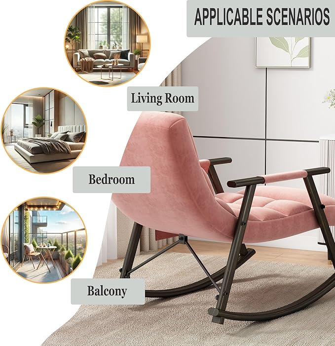 Folding Rocking Chair Nursery with Armrests, Upholstered Lounge Chair Indoor with Side Pocket, Adjustable High Back & Footrest, Glider Rocking Chair for Living Room, Bedroom, Balcony (Velvet, Pink)