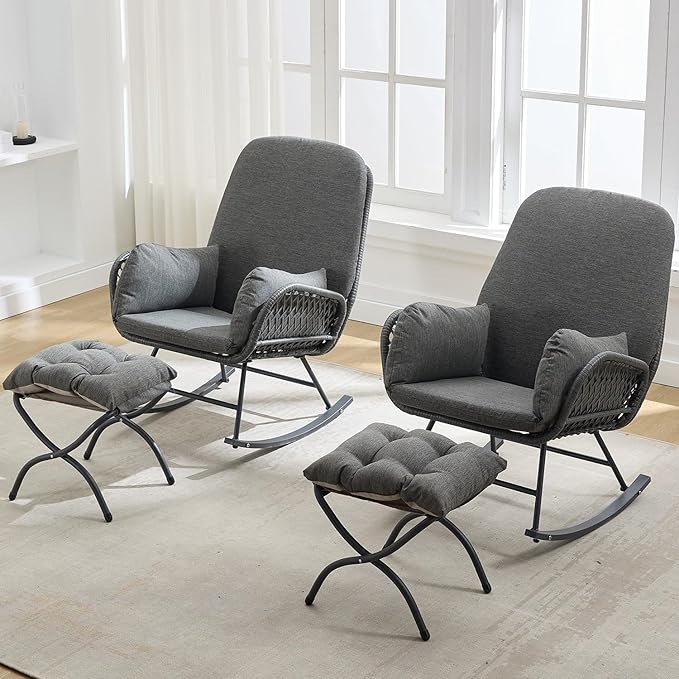 Outdoor Rocking Chairs with Ottoman Set of 2, Patio Glider Rocking Chair with Cushion, Comfy Rattan Lounge Chairs for Bedroom, Living Room, Dark Gray