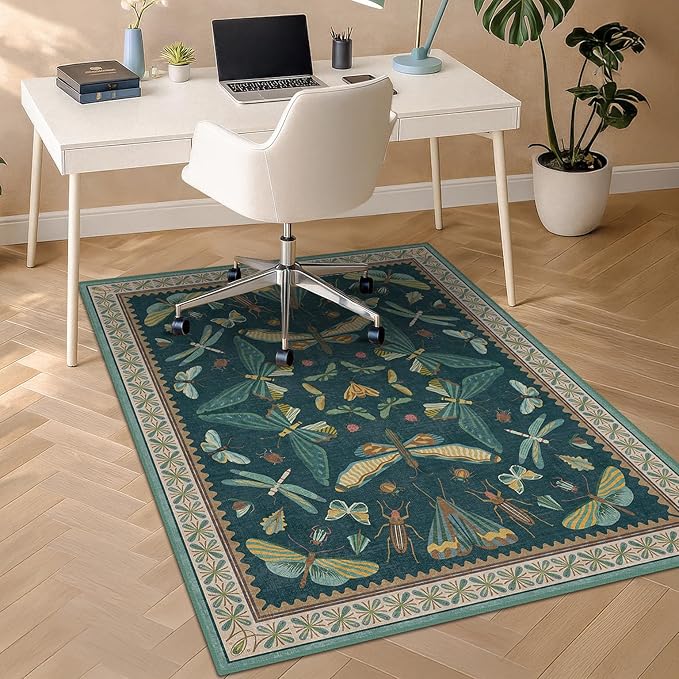 JTJ 3'x4' Teal Office Chair Mat for Hardwood Floors, Insect Boho Design,Non-Slip Low Pile Desk Rug, 36"x48" Small Area Rug for Computer Desk Home Office, Machine Washable WFH Essential for Dorm Room