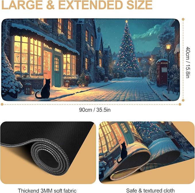 Large Extended Gaming Mouse Pad - Winter Christmas Night Scene, Soft Fabric Desk Mat with Non-Slip Rubber Base, Extra Long Mousepad for Gaming, Office, Keyboard & Mouse, 35.43 x 15.75 in