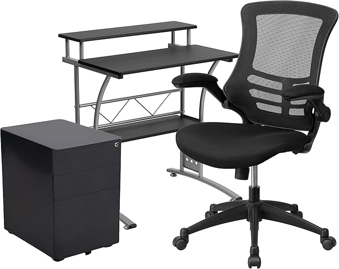 Flash Furniture Calder Work From Home Kit - Black Computer Desk, Ergonomic Mesh Office Chair and Locking Mobile Filing Cabinet with Side Handles