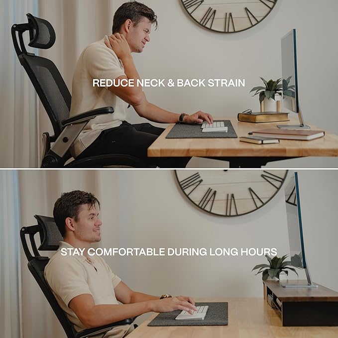 COREMINDED Solid Wood Dual Monitor Stand Riser – 42" Oak Desk Shelf for 2 Monitors with Tray & Wool Felt, Organizer for Desktop, Laptop and Office (Solid Oak)