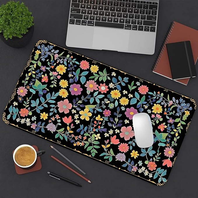 Desk Mat Large Mouse Pad, Non-Slip PU Leather Gaming Mousepad Keyboard Mouse Mats Desk Pads 31.5"x15.7" for Work Office Decor Gifts Black Floral