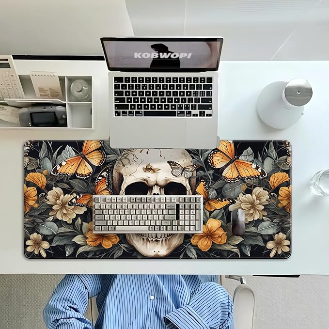 35.4 x 15.7 in, XXL Large Mouse Pad for Desk, Extended Keyboard Mouse Mat for Computer Office, Big Mouse pad with Stitched Edges, Gaming Pc-Skull Butterfly Flowers