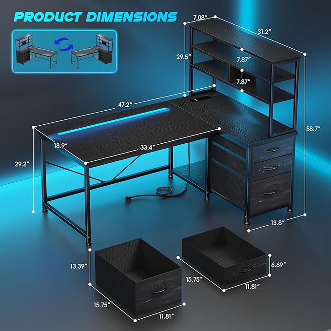 DurayLoly L Shaped Gaming Desk with 3 Tier Hutch&Shelves,47"x59" Reversible Computer Desk with 3Drawers, Tall Gamer Desk with LED Lights&Power Outlets, Home Office Corner Desk for Bedroom,Dorm,Black