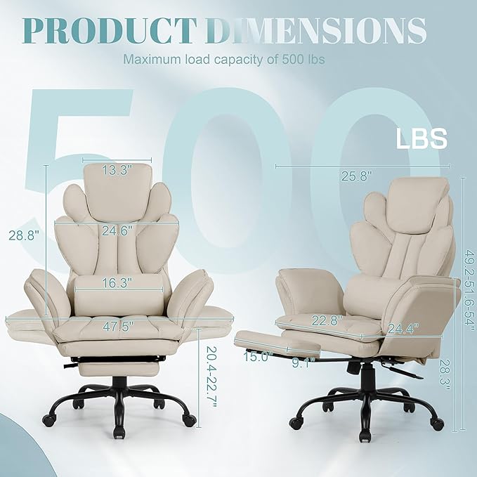Flip Armrests Criss Cross Office Chair, Reclining Office Chair with Foot Rest, Adjustable Headrest, Massage Waist Pillow, Cross Legged Big and Tall Desk Chair Wide Seat Vanity Chair, PU Leather Beige