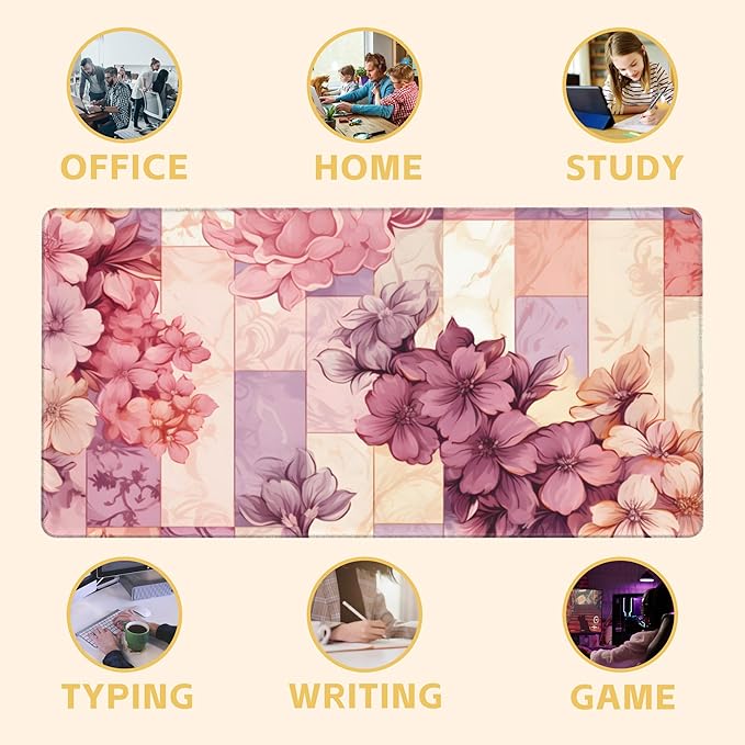 Large Mouse Pad Colorful Marble and Flower Gaming Mousepad Desk Pad Mat for Keyboard and Mouse, Large Non-Slip Rubber Base Mousepad Desk Mat with Stitched Edges for Gaming Office, 31.5 x 15.8 in