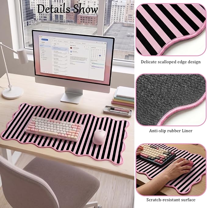 Scalloped Desk Mat Extended Large Cute Striped Mouse Pad Big Desk Pad XXL Aesthetic Stripe Mousepad Gaming Mouse Pad for Keyboard Computer Laptop Home Office Accessories 35.4X15.7Inches Black Pink