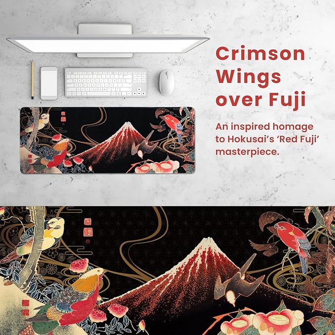 BELLEMOND Japanese Art Desk Mat | Large 31.5x11.8in Anime Mouse Pad for Keyboard & Mouse | Non-Slip Base, Water-Repellent | Original Japanese Design | Crimson Wings Over Fuji