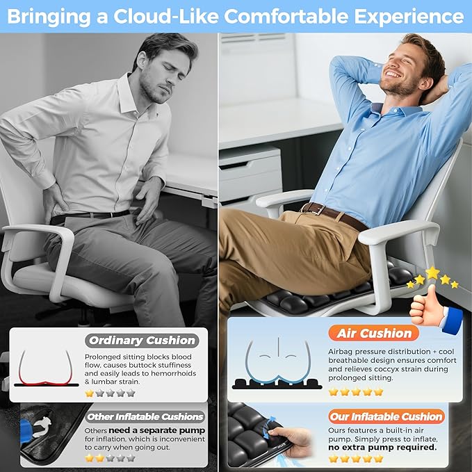 Upgrade Airplane Seat Cushion with No External Air Pump, Travel Cushion for Long Flights, Portable Wheelchair Cushions, Adjustable Air Cushion with Non-Skid Bottom Relief Discomfort in Coccyx