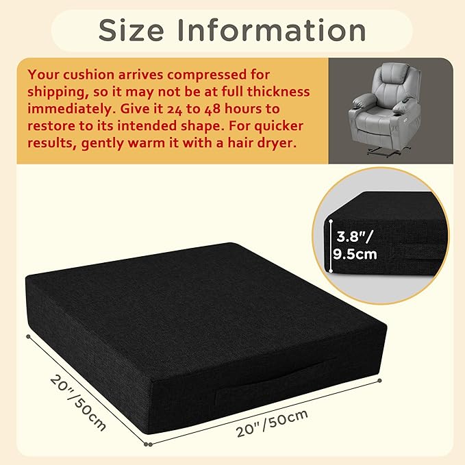 Recliner Cushions for Elderly Square Chair Pads with Non-Slip Bottom for Couch Armchairs Booster Comfy 20"x20"x3.8" Recliner Cushion for Long Sitting with Washable Cover 1 Pack Black