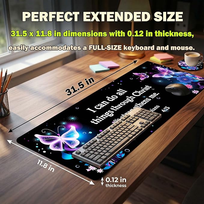 Extended Large Mouse Pad 31.5 x 11.8 Inches – AiLiTeck Premium Desk Mat Mousepad with Stitched Edges, Waterproof, Non-Slip Rubber Base for Office Home, Includes Coaster–Bible Verse Butterflies