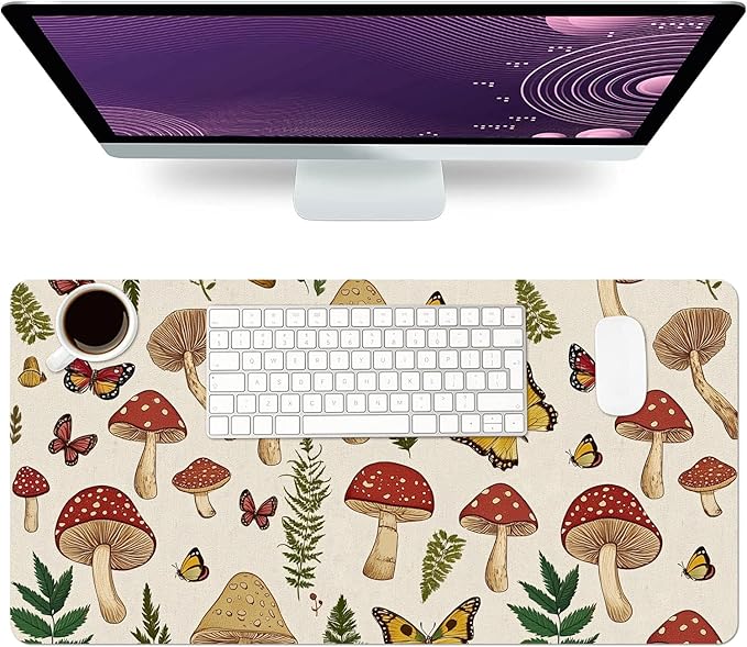 Desk Mat Large Mouse Pad, Non-Slip PU Leather Gaming Mousepad Keyboard Mouse Mats Desk Pads 31.5"x15.7" for Work Office Decor Gifts Beige Mushroom