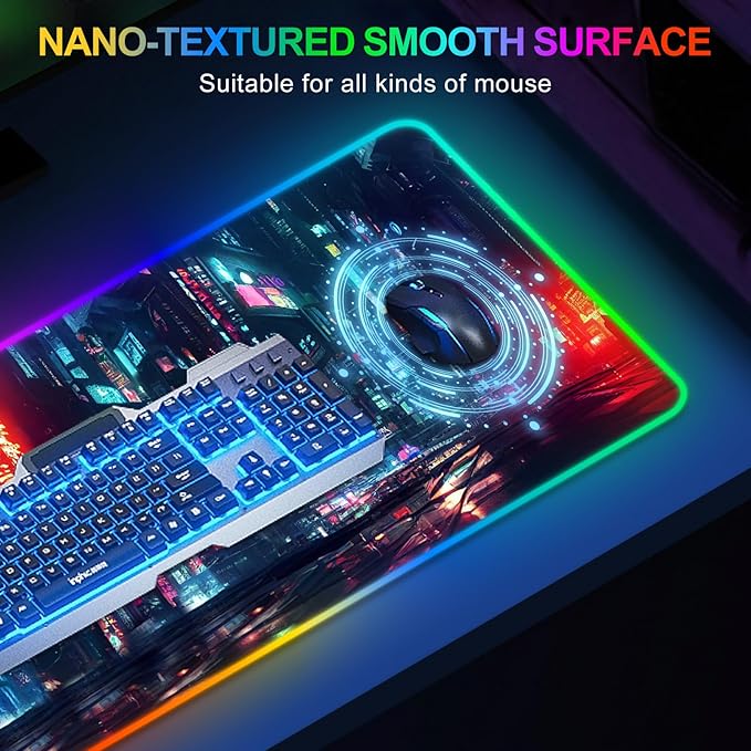 ARTSO RGB Gaming Mouse Pad Large, Extended Soft Led Mouse Pad with 14 Lighting Modes 2 Brightness, Water Resist Keyboard Pad, Computer Mousepads Mat 35.4x15.7inch, Night City