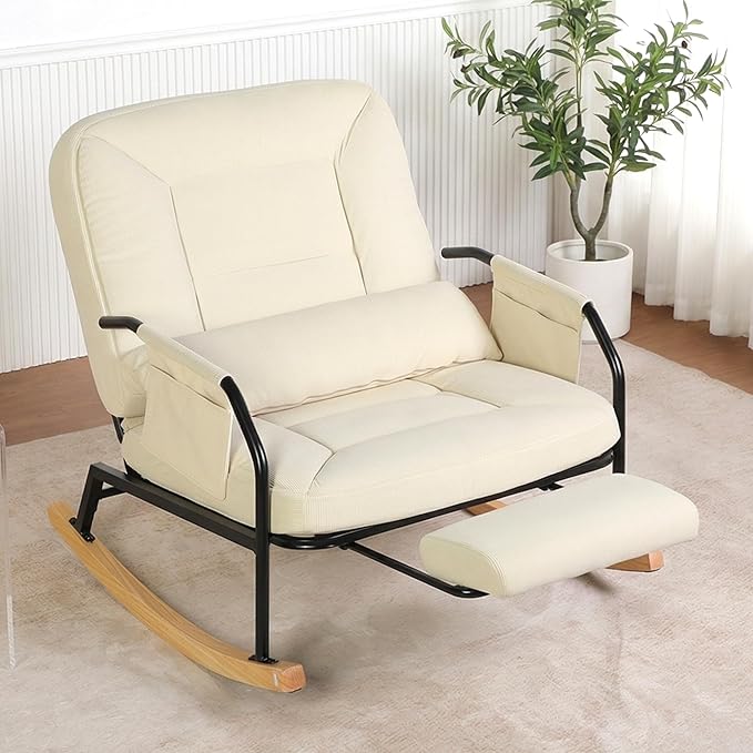 Oversized Reclining Rocking Chair with Foot Rest, 110°–160° Adjustable Backrest, Upholstered Armchair with Side Pocket for Nursery and Living Room, Beige