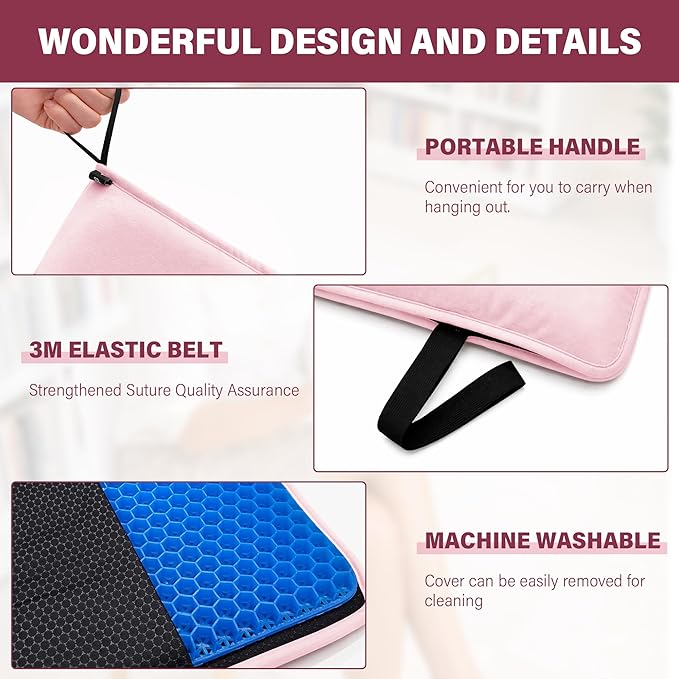 SPRING SEAON Large Gel Seat Cushion for Pressure Relief – Honeycomb Buffer Design with Extra Thick Filling, Anti-Slip Bottom, Perfect for Long Sitting, Travel, Airplane and Daily Comfort (Pink)