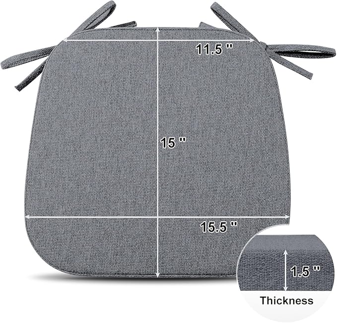 Shinnwa Seat Cushions for Kitchen Chairs, Non Slip Dining Chair Cushion with Ties, 15 x 15.5 inches, Dark Gray