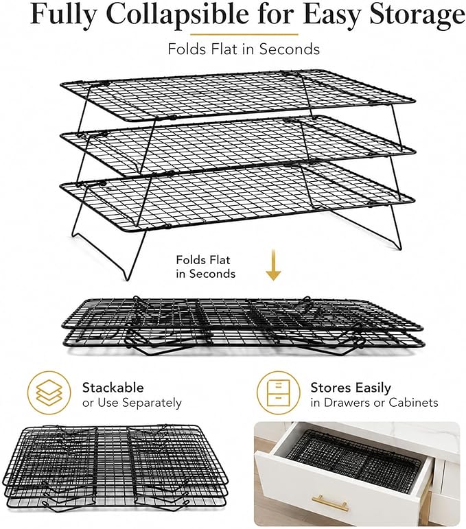 Cooling Rack, 3 Tier Stackable Cooling Racks for Cooking Baking Roasting, Multi-Level Collapsible Cookie Rack for Cakes, Oven Safe & Easy Clean (Black, 3-Tier)