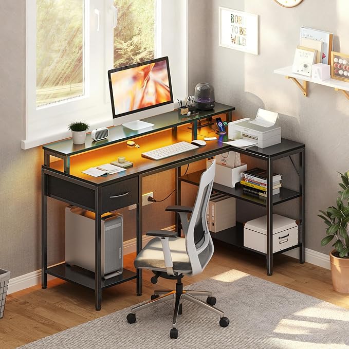 DUMOS 47” Gaming Desk with USB Charging Ports & LED Lights, Reversible L Shaped Desks Computer Corner Gamer Table with Power Outlets Monitor Stand Storage Shelves for Home Office Small Space, Black