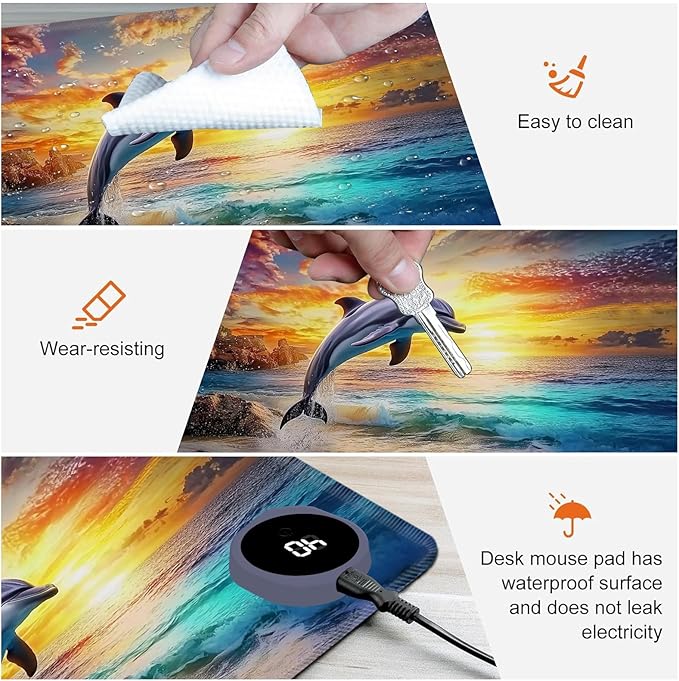 Heated Mouse Pad,Warm Desk Pad with 3 Levels Heating & 3 Hours Auto Shut-Off, PU Leather Heated Desk Pad Warmer Pad for Home Office - 31.5 x 13 inch,Jumping Dolphins