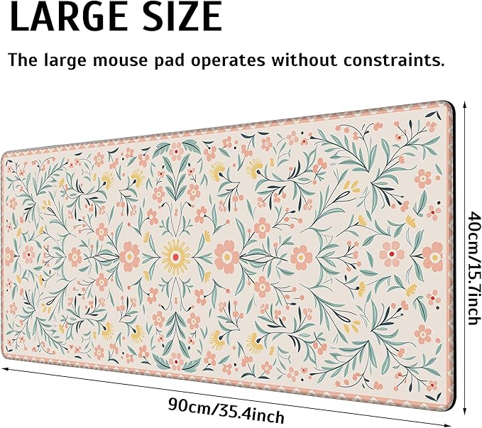 Pink Floral Mouse Pad,35.4 x 15.7 Inch Large Mouse Mat Non-Slip Rubber Stitched Edges for Writing Desk,Office,Home,Laptop