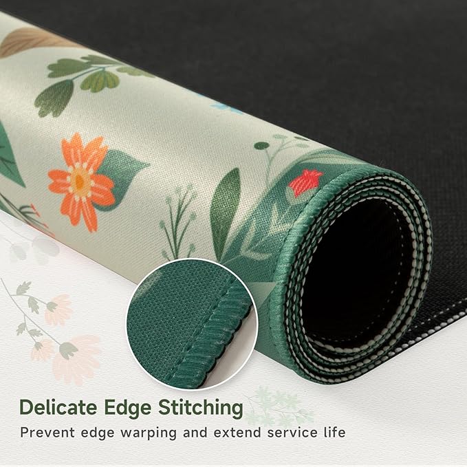 HAOCOO Cute Green Desk Mat, Floral Keyboard & Mouse Pad for Office/School/Home, Waterproof Large Desktop Mat, Non-Slip Cubicle Decor with Stitched Edge, Desk Pad Protector Girly Supplies