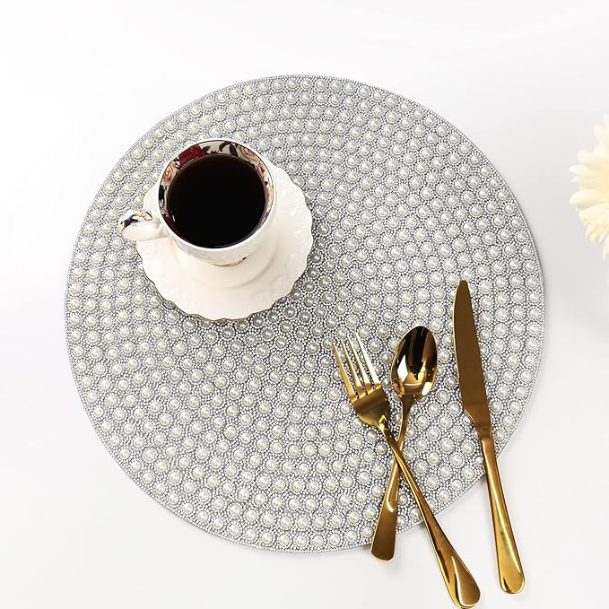 Pearl Round Placemats Set of 4, 15-inch Anti-Slip Tablescapes Decorations Sparkling Bling Rhinestones Silver Placemat for Nightstand Tablecloths Centerpiece Standing T-Lights Candles Vases Mat