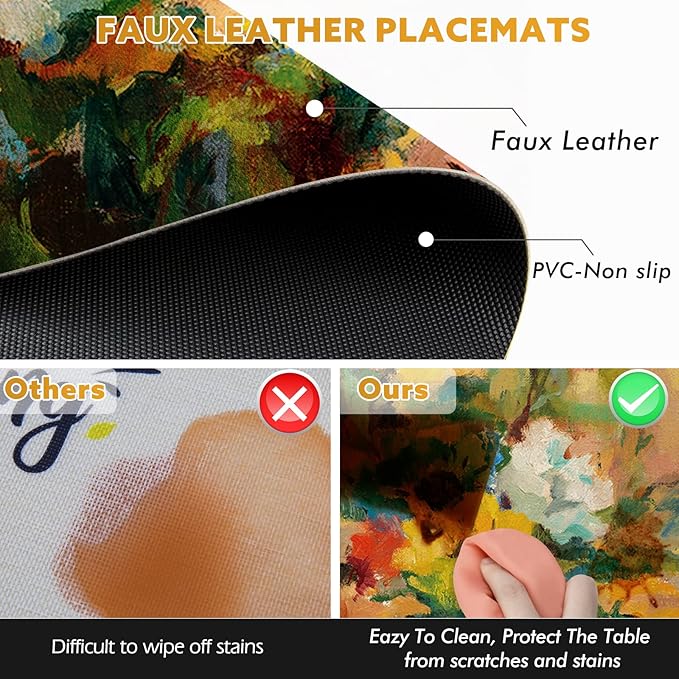 Painting Placemats Set of 6, Floral Faux Leather Place Mats for Holiday Banquet Kitchen Dining Table Decor, Heat Resistant Washable Non-Slip Waterproof Table Mats Set, 17" x 12"