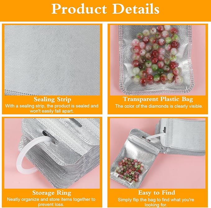 50PCS Diamond Art Bags, 4.3'' x 2.7'' Silver Storage Containers, Beads Storage Bags Reusable Jewerly Pouches for Diamond Art Kit Accessories, Craft Supplies Gem Organizer Painting Container
