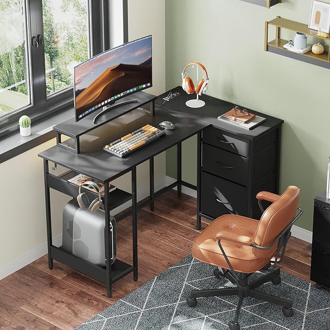 DEVAISE 48 Inch L Shaped Gaming Desk with Drawers and Storage, Corner Desk with LED Lights, Power Outlets, Computer Desk with Monitor Stand, Office Desk for Home, Black