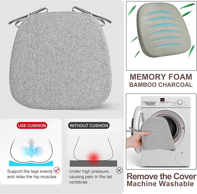 SINOSSO 6 Pack Memory Foam Chair Cushions for Dining Chairs, Friendly Woven Fabric 16" U-Shape Comfortable Kitchen Chair Pads, Removable Slip Resistant Seat Cushions (Set of 6, Light Grey)