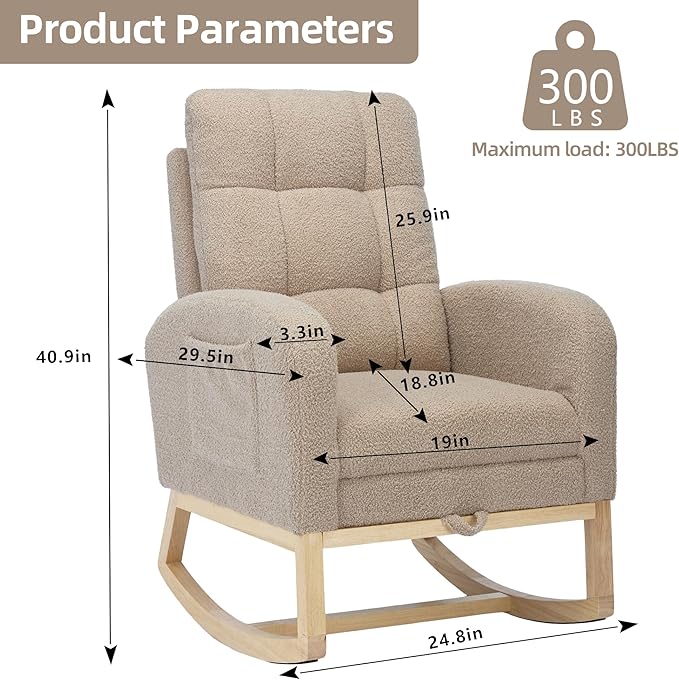 Nursery Rocking Chair with Foot Rest, Teddy Upholstered Nursery Glider Rocker Chair with Solid Wood Legs & 2 Side Pockets Comfy Armchair for Living Room Lounge Bedroom (B-Grey)