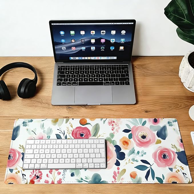 Watercolor Floral Mouse Pad,35.4 x 15.7 Inch Large Mouse Mat Non-Slip Rubber Stitched Edges for Writing Desk,Office,Home,Laptop