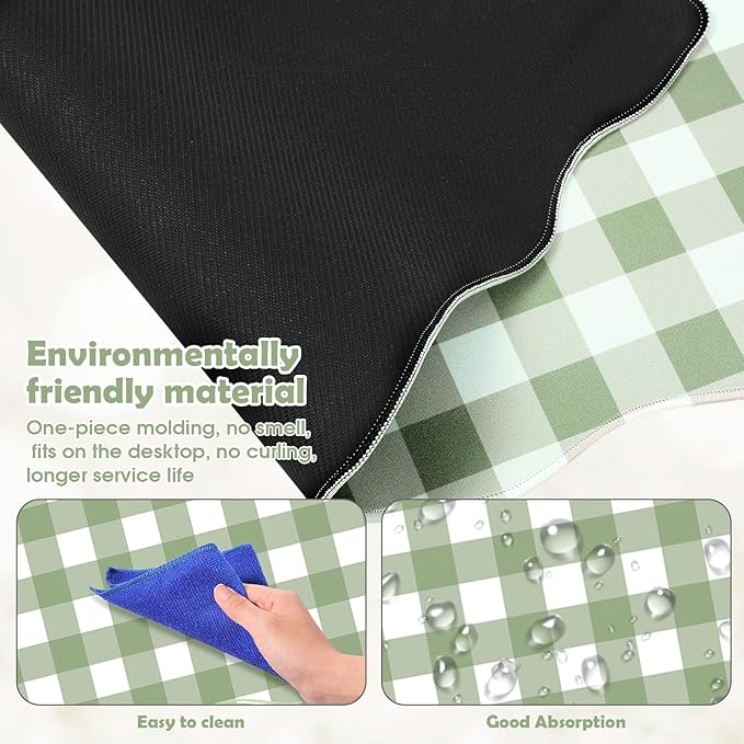 Copkim 1 Pcs Scalloped Green Gingham Desk Mat 31.5 x 11.8 Inch Large Cute Mouse Pad Computer Mat Non Slip Waterproof Rubber Base with Border Stitching Soft Keyboard Pad for Home Office Gaming Makeup